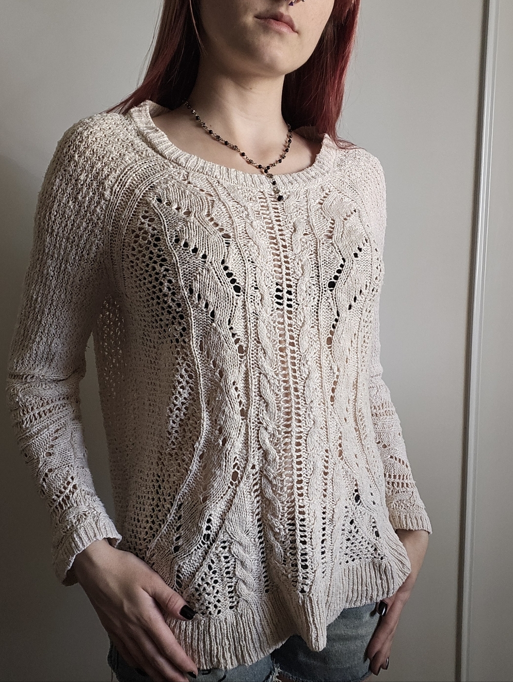 Lucky Brand Vintage Long Sleeve Hollow Knit Cream Tan Cable Knit Pull Over Cover